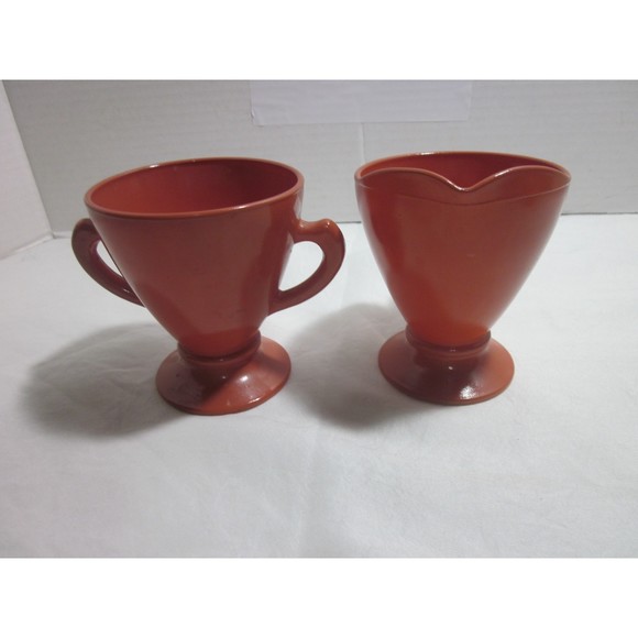 Hazel Atlas Ovide Rust Cream and Sugar Set Platonite Glass Mid Century Modern - Picture 5 of 8